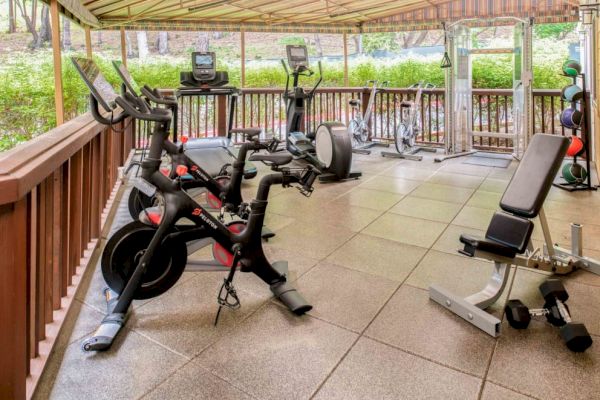 An outdoor gym area with exercise bikes, weight benches, and various other fitness equipment, surrounded by a wooden railing and greenery outside.