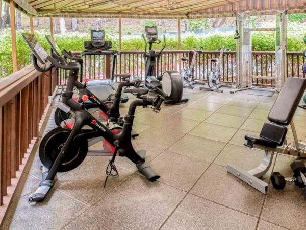 An outdoor gym area with exercise bikes, weight benches, and various other fitness equipment, surrounded by a wooden railing and greenery outside.