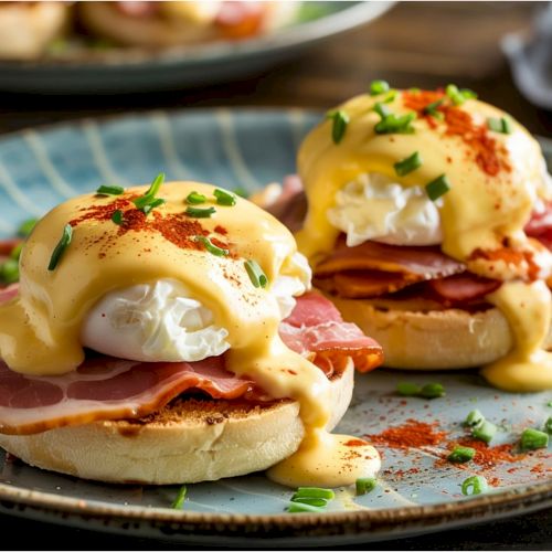 Two eggs Benedict on toasted English muffins with ham, runny poached eggs, hollandaise sauce, and chopped chives, served on a plate.