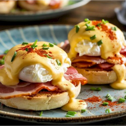 Two eggs benedict with ham on toasted English muffins, topped with creamy hollandaise and sprinkled with chives.