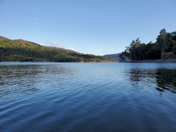 A serene lake with calm waters, surrounded by green hills and a few scattered trees, under a clear blue sky during daytime.