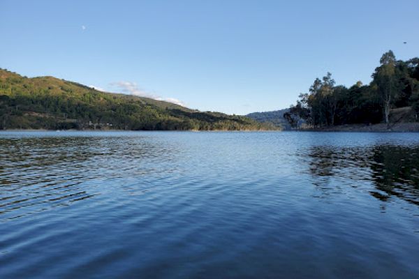 A serene lake with calm waters, surrounded by green hills and a few scattered trees, under a clear blue sky during daytime.