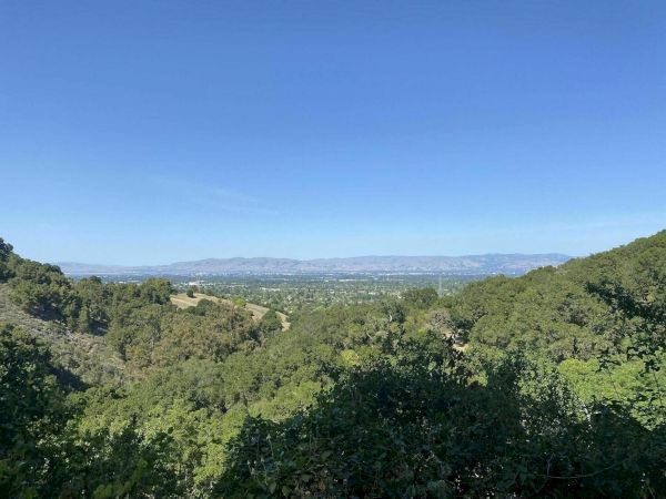 A scenic landscape with a clear blue sky, distant mountains, and a lush, green valley filled with trees and foliage can be seen.