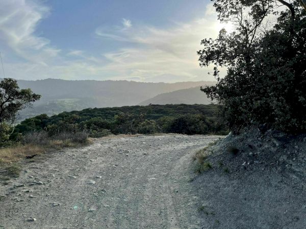 A dirt trail winds through a hilly landscape with sparse greenery, trees on the sides, and distant mountains under a partly cloudy sky, at sunset.