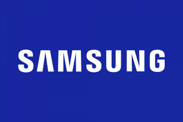 The image shows the Samsung logo with "SAMSUNG" written in white capital letters against a blue background.