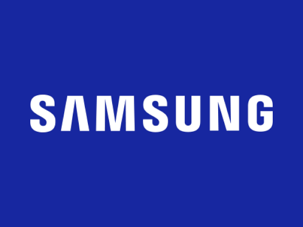 The image shows the Samsung logo with "SAMSUNG" written in white capital letters against a blue background.