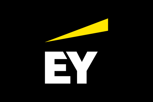 This image features the EY logo in white with a yellow triangular design above it on a black background.