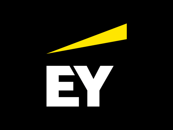 This image features the EY logo in white with a yellow triangular design above it on a black background.