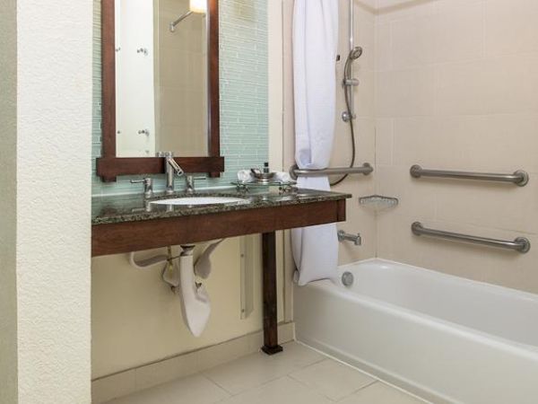 This image shows a bathroom with a sink, mirror, a bathtub with a shower curtain, and handrails on the wall. Toiletries are mounted.