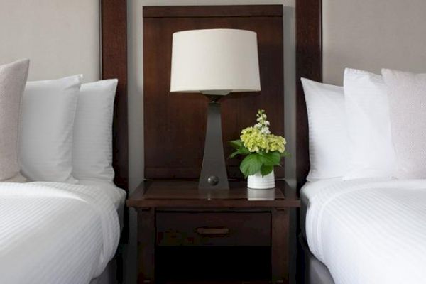 The image shows two white-pillowed beds with a dark wooden nightstand in between, holding a lamp and a small plant with flowers on it.