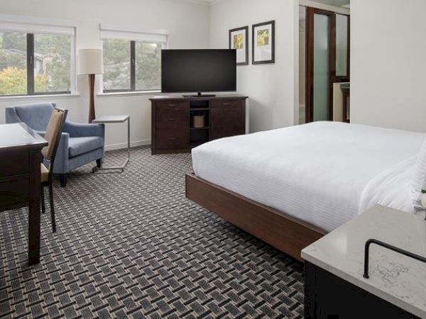 A neatly furnished hotel room features a bed, desk, chair, TV, and large windows allowing natural light, with decor including framed pictures.