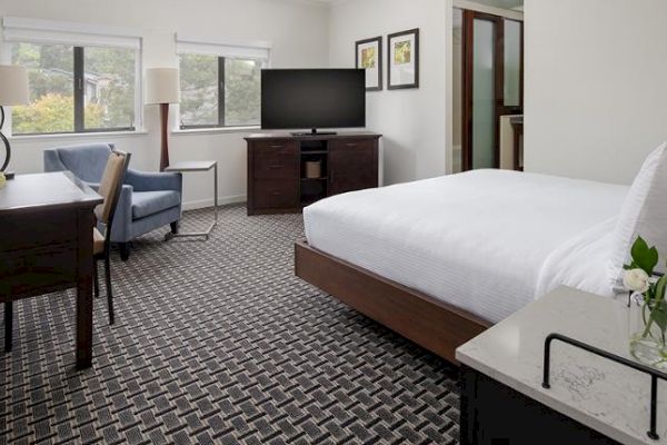 A modern hotel room with a large bed, TV, desk, and armchair by two windows. Minimalistic decor includes flowers and framed wall art.