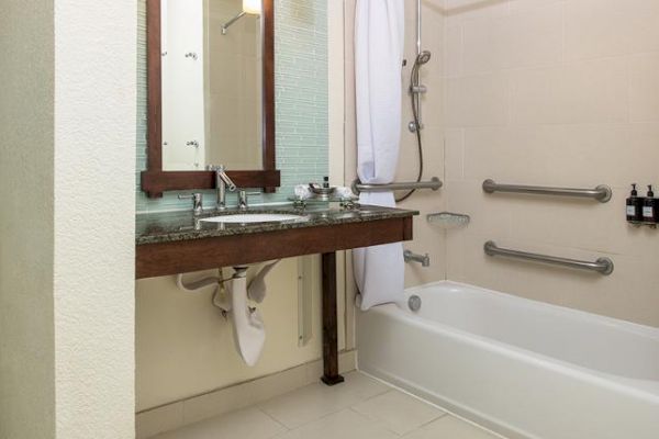 The image shows a bathroom with a sink and mirror, and a bathtub with a shower curtain, grab bars, and liquid soap dispensers on the wall.