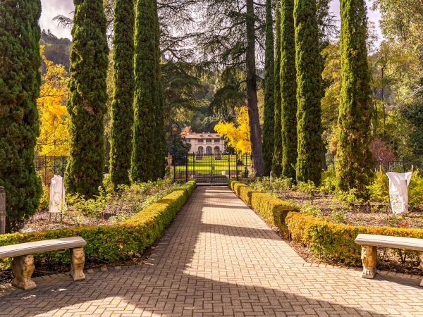 A neatly landscaped garden with a pathway lined with tall trees and hedges, leading to a large estate in the background, and two benches.
