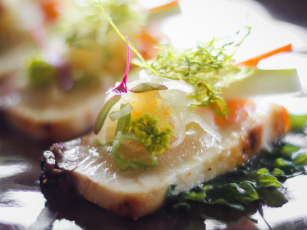 The image shows a gourmet dish featuring slices of fish topped with various garnishes and served on greens, presented artistically on a plate.