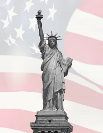 The image shows the Statue of Liberty with a backdrop of the U.S. flag.