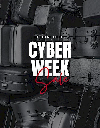Stacks of suitcases with text: "Special Offer Cyber Week Sale" in bold, contrasting fonts.