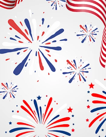 Patriotic-themed image with red, white, and blue fireworks and American flag elements against a light background.