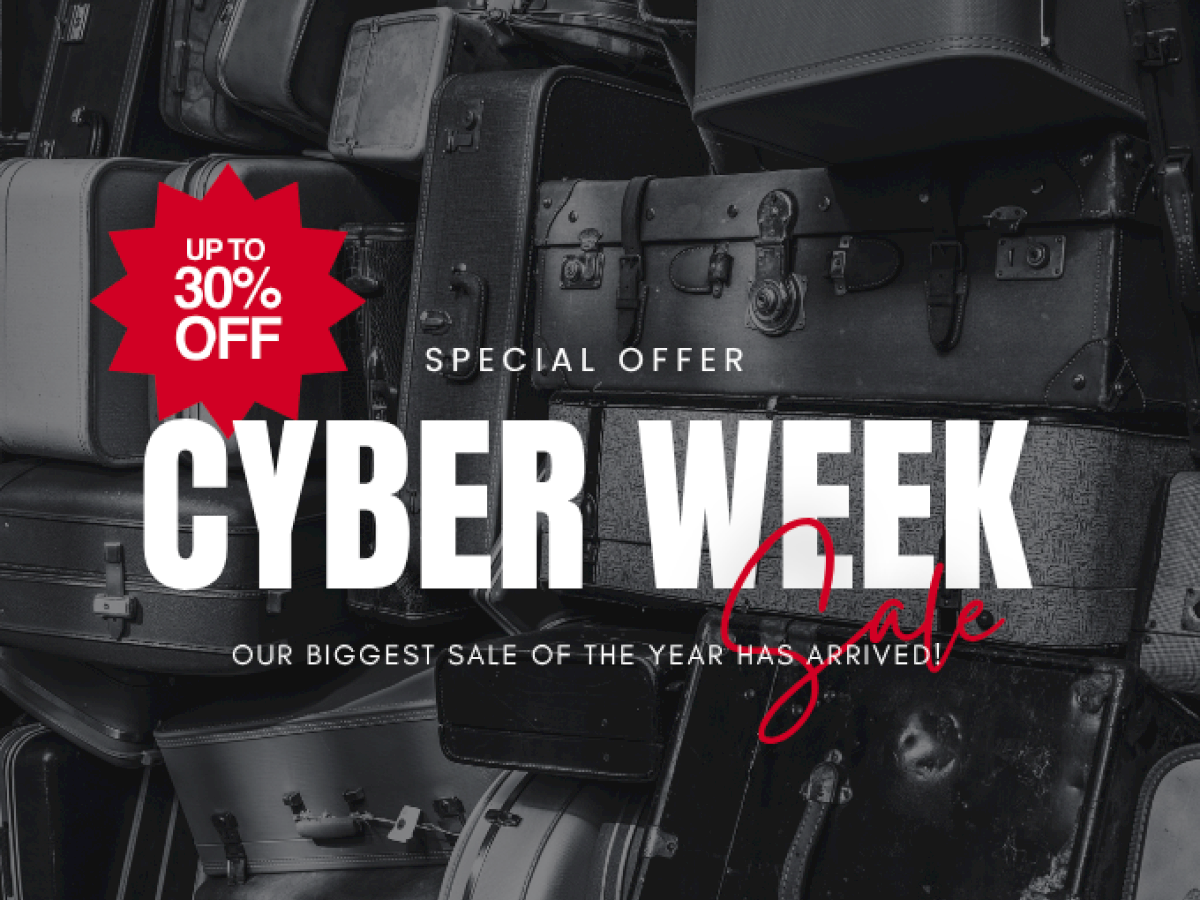 A Cyber Week sale advertisement offering up to 30% off on luggage, featuring stacked suitcases in the background.