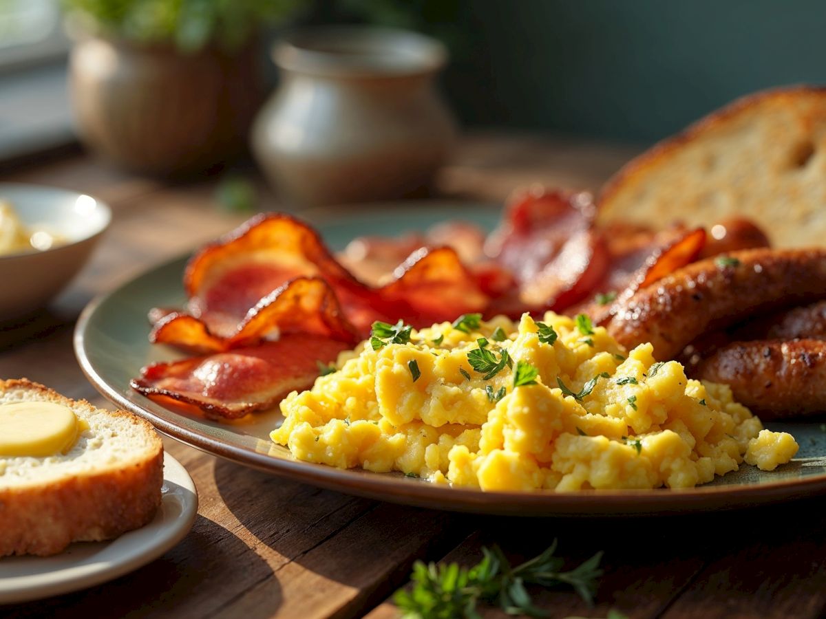 A breakfast plate with scrambled eggs, sausage, bacon, and toast on a skillet-style dish.