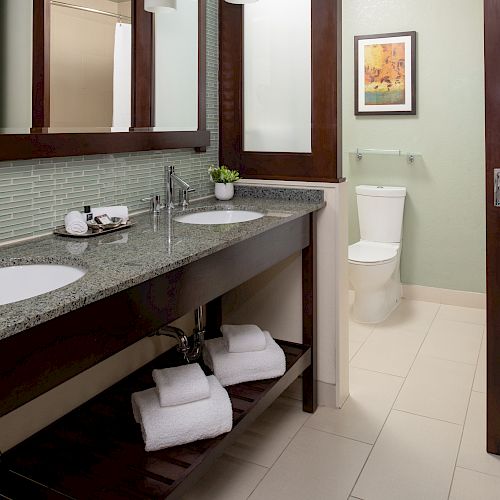 This image shows a modern bathroom with two sinks, a granite countertop, a toilet, and towels on a shelf below.