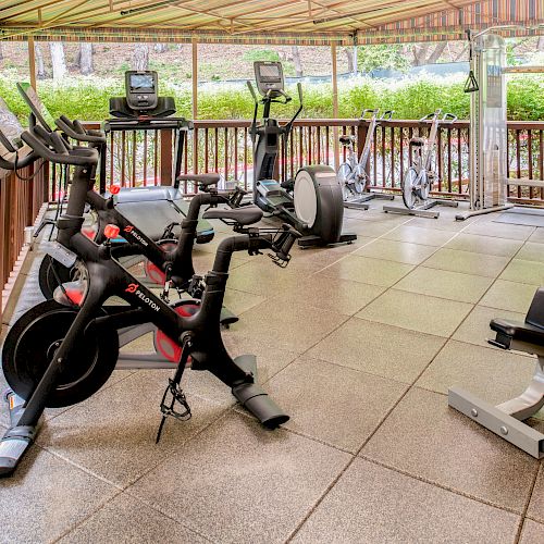 This image shows an outdoor home gym setup with exercise bikes, an elliptical machine, a weight bench, and various weights on a rack.